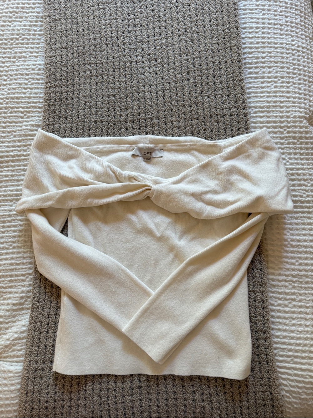 LOFT Cream Off-the-Shoulder Twist Knit Sweater